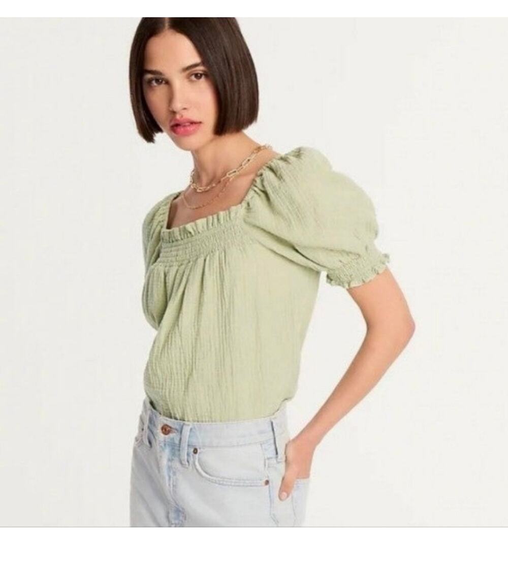 J. Crew 100% Cotton Sage Green Smocked Puff Sleeve Gauze Top Size S